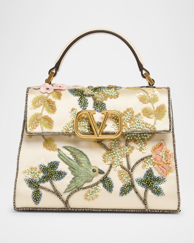VSLING Mini Flower Bird Beaded Satin Top-Handle Bag